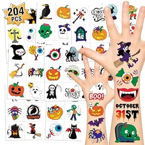 204 PCS Halloween Tattoos for Kids, Halloween Treats Non Candy