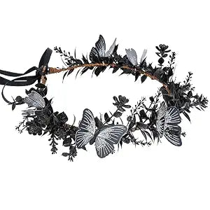 MOSTORY Handmade Black Flower Butterfly Crown - Gohic Elf Headpiece Fairy Floral Headband Dark Wreath for Women s Halloween Renaissance Cosplay Festival Witch Party