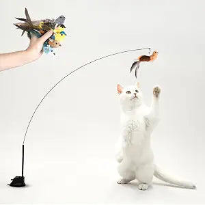 Leo's Paw The Original Interactive Bird Simulation Cat Toy Set Realistic Colorful Feathers Bells Wand Self-Holding Suction Base Stimulating Real-Life Flying Bird Impression Hunting Play (w. 5 Birds)
