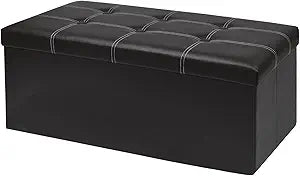 30 Inches Folding Storage Ottoman Bench, Faux Leather Footrest Ottoman, Storage Trunk Footstool for Bedroom, Living Room and Hallway, Support 350lbs, Black (White line)