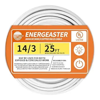 Energeaster Solid Indoor 14/3 NM-B Copper Cable with Ground 25FT, White