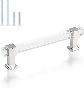 30 Pack 5 Inch Hole Center Adjustable Kitchen Cabinet Handles, Modern Drawer Pulls with Square Acrylic Tube and Zinc Alloy Base, Polished Chrome Cabinet Pulls for Bedroom and Bathroom