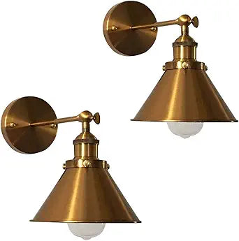 LITFAD 2 Pack Wall Lighting Fixture Adjustable Brass Finish 1 Light Wall Sconce 7.2" Retro Industrial Wall Lamp with Cone Shade for Bedroom Living Room Restaurant