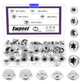 Swpeet 80Pcs M5 M6 M8 M9 M10 Spring Steel Push on Pushnut Cap Stud Kit, Axle Cap Nut with Zinc Mech Finish Axle Pushnut Fastener Permanent Washer Caps for Rolling Bins, Lawn Wagons and Hand Trucks