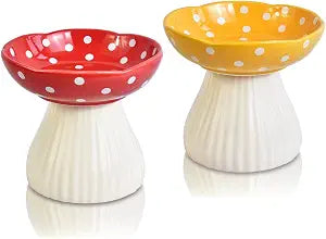 Mushroom Elevated Cat Bowls Ceramic 2 Pack, Raised Cat Bowl for Indoor Cats, Cute Cat Bowls Whisker Fatigue, Raised Dog Bowls Stand for Food and Water, Red+Yellow 6" Wide for Adult Cats