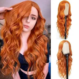 Copper Orange Loose Wave Middle Part Wigs Ginger Natural curly Wavy Wig for Women, 24 Inch Glueless Wear and Go Synthetic Fiber Easy Wigs for Beginners for Daily Party Cosplay Use