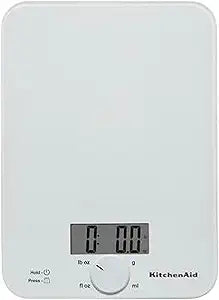 KitchenAid KQ914WH Glass Surface 11 Pound Capacity Digital Kitchen and Food Scale, Scale for Food Ounces and Grams, Dry and Liquid Ingredients, White