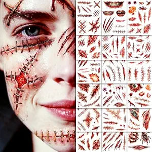 CHARLENT Halloween Fake Scar Tattoos for Face Body - 18 Large Sheets