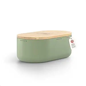 LARS NYSM Bread Box I Metal Box for long lasting freshness I Bread Bin with bamboo lid usable as cutting board I 13.8x7.7x5.3 In (Nordic Sage)