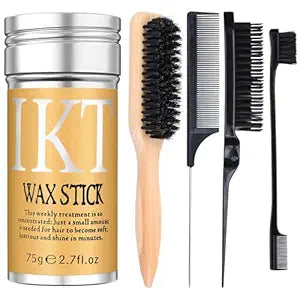 Hair Wax Stick with Slick Back Hair Brush Set for Flyaways, Teasing Boar Bristle Brush, Edge Hair Brushes, Volume Comb, Rat Tail Comb for Girls, Kids, Women & Men, Black