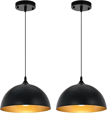 Farmhouse Pendant Lighting for Kitchen Island,Black and Gold Dome Pendant Light Fixtures, Industrial Hanging Ceiling Light for Dining Room Foyer Cafe Kitchen Sink,2 Pack