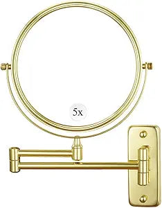 Cerdeco 8 Inch 1X/5X Double Sided Makeup Wall Mount Mirror with Gold Plated Finish 360 Swivel Extendable Cosmetic Shaving Mirror