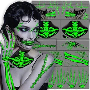 CHARLENT Glow in The Dark Skeleton Face Tattoos for Halloween Costume