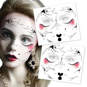 Broken Doll Face Temporary Tattoo for Halloween Costume, Porcelain Doll Crack Makeup Tattoo, Creepy Doll Face Tattoo Stickers, Spooky Halloween Makeup for Haunted House, Cosplay, Parties & Dress Up