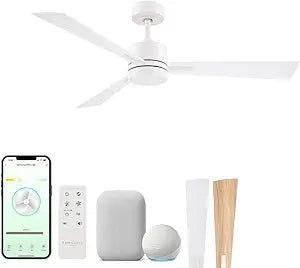 Bali 42in 3-Blade Smart Indoor or Outdoor Ceiling Fan 2700K-6000K CCT Tunable Range LED Light Kit in Matte White with Reversible White and Natural Wood Blades Works With iOS or Android App