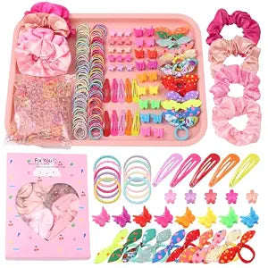 Rosvia Hair Accessories Set for Girls,Toddler Colorful Elastic Hair Ties with Gift Box 505PCS, Cute Rabbit Ear Hair Ties, Mini Flower Claw Clips and Butterfly Hair Clips,Satin Silk Scrunchies