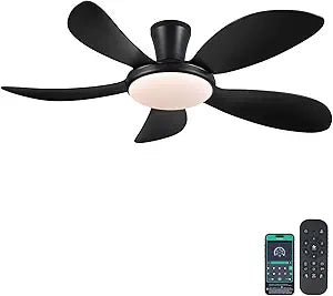 PHORUS 48" Black Low Profile Ceiling Fans with Lights and Remote/APP, Modern Flush Mount Ceiling Fans with Quiet Reversible DC Motor, Dimmable 3 Colors 6 Speeds for Bedroom Kitchen