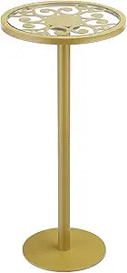 Gold Drink Table, Indoor Outdoor Small Round Side Table with Tempered Glass Top & Scroll Design, 24.7" Metal Pedestal End Table for Living Room, Patio, Small Spaces, Weather Resistant