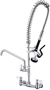 Commercial Sink Faucet with Sprayer 36 Inches Height Wall Mount Kitchen Sink Faucet with Pull Down Pre-Rinse Sprayer and 12" Swivel Spout 8 Inch Center for Compartment Sink