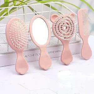 4 Pieces Mini Hair Brush Hair Comb Set For Women Girls Kids Toddler Small Travel Hair Combs Brushes Handheld Mirror Set Detangling Comb Massage HairBrush with Air Cushion (Pink)