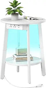 sthmec Round End Table with Charging Station, White LED Small Side Table for Small Space, USB Power Oulets & LED Strip, 2-Tier Round Accent Table Couch Sofa Nighstands for Living Room, Bedroom, White