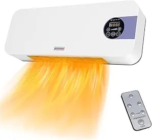 Wall Mounted Heater 1500W PTC Ceramic Electric Space Heater with Remote, LED Display, Adjustable Thermostat, Overheat Protection, Timer, Low Noise Heater for Bedroom, Office, Large Room Indoor Use