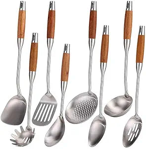 18/10 Stainless Steel Kitchen Utensils Set with Wood Handle - 15Metal Cooking Tools & Serving Utensil, 8-Pieces Cooking Spoons Set - Spatula, Ladle, Skimmer, Turner, Pasta, Solid Spoon, Slotted Spoon