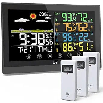 LFF Weather Station, Indoor Outdoor Weather Station Wireless with Multiple Sensors, Color Display Digital Atomic Clock Indoor Outdoor Thermometer Wireless, Forecast Station with Adjustable Backlight