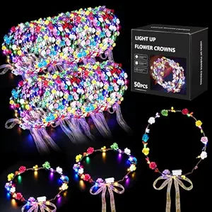 50 PCS LED Flower Crowns Light Up Floral Headbands with Ribbons