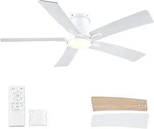 52 Inch Ceiling Fans with Lights and Remote, White Low Profile Ceiling Fan, Flush Mount Style with 5 Blades, For Indoor Bedroom Living Room/Outdoor, 6 Speed Reversible DC Motor, 3CCT Dimmable LED