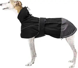 Greyhound Lurcher Winter Coat, Whippet Jacket with Padded Fleece, Waterproof Dog Snowsuit with Adjustable Bands and High Reflective be Safety - Black - S