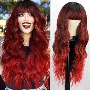 BOGSEA Red Wig with Bangs for Women 26 Inch Synthetic Long Wavy Wig
