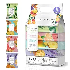 My Beauty Spot 4 Pack Face Cleansing Wipes for Women - Makeup Remover Wipes with Tea Tree, Vitamin C, Collagen, Retinol - 120 Pcs Face Cleansing