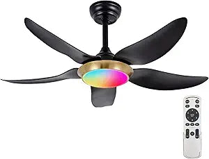 42" Ceiling Fan with RGB Color Chasing Light - 6796 CFM Powerful Airflow, Dimmable LED & App Control, 6-Speed Quiet DC Motor, Low Profile Design for Bedroom Living Room Gazebo, Black Gold