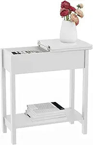 Hygrad Wooden Narrow Bed Side End Table Shelf, 11.02" D x 22.83" W x 23.62" H Nightstand Flip Top Slim Tables Couch Storage Shelves for Small Space - Living Room, Bedroom, Entryway, White