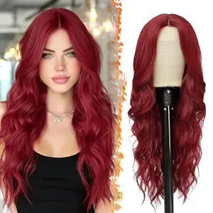 BARSDAR Long Wavy Red Wig Synthetic 26 Inch Small Lace Front Middle Part