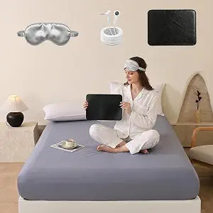 Premium Grounding Fitted Sheets - 25% Silver Infuse Fiber + Cotton - Ultra Conductive Bed Sheets with Grounding Cord - Includes Silver Eye Mask & Grounding Mouse Pad - Day & Night Wellness Kit