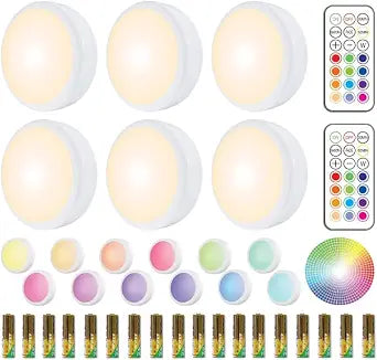 HELPLEX LED Puck Lights with Remote, 6 Pack Color Changing RGBW, Battery Powered Under Cabinet Lighting, Dimmable with Timer & Memory, Stick-On Wireless Light with 18 AA Batteries Included