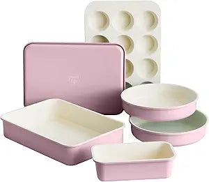 GreenLife 6 Piece Nonstick Bakeware Set, Non-Toxic PFAS-Free Ceramic Oven Pans, Dishwasher & Oven Safe to 450F, Easy Release Baking Sheet, Loaf Pan, Rectangle & Round Cake, Muffin Pan, Pink