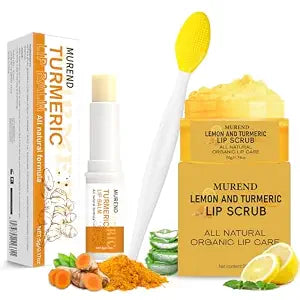3PCS Turmeric Lemon Lip scrub and Turmeric Lip Balm with Brush Set, Lip Scrubber Exfoliator, Dark Lips Treatment for Smokers, Natural Exfoliator & Moisturizer Cracked, Dull, Reduce Fine Lines Lips