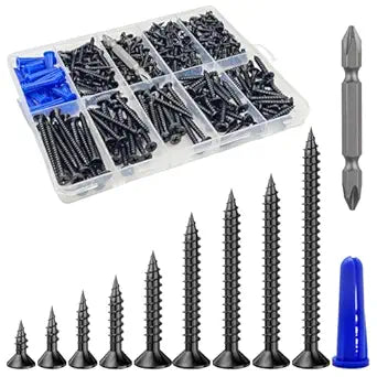 Wensilon 385PCS Wood Screws Assortment Kit, Black Flat Head Screws