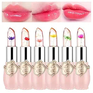 6 Pcs Crystal Flower Jelly Lipstick Set, Temperature Change Moisturizer