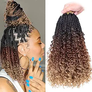 Beverlee 14 Inch Boho Braids - 128 Strands Pre-Looped Synthetic Crochet Hair for Black Women - Bohemian Messy Box Braids with Curly Ends