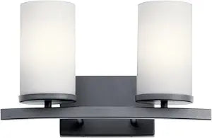 Kichler Crosby 2-Light Bathroom Vanity Light Fixture, Modern Black Wall Mount Lighting with Satin Etched Cased Opal Glass, 15 in x 8.75 in Dimensions, 200W Total, 45496BK