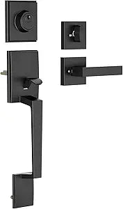 Black Front Door Handle and Deadbolt Set, Front Door Lock Set, Exterior Door Lock Set with Single Cylinder Deadbolt, Reversible for Right & Left