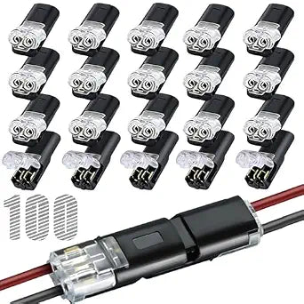 100pcs Double Wire Plug in Connector2 Pin LED Light Strip Connector with Locking BuckleQuick-Clip Fasteners Multi-Purpose Snap-On Blocks for Strip Lights DIY Crafting, Low-Voltage Decor & Model Kits
