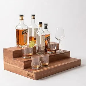 Premium Real Acacia Wood 3-Tier Liquor Bottle Display Shelf  No Assembly, Water Resistant  Extra Deep Steps Bar Stand for Whiskey, Wine