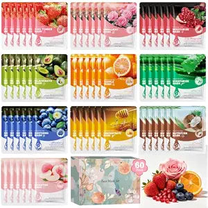 Face Mask, 60 Pack Face Masks Skincare Set, Bulk Gifts for Women, Hydrating Facial Sheet Masks, Spa Supplies Party Favors, Gift Set for Birthday Bridal Party Christmas Stocking Stuffers