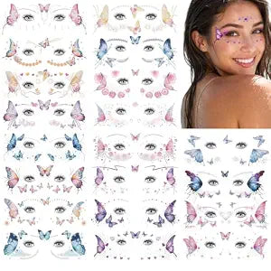 20 Sheets Glitter Fairy Makeup Tattoo Kit, Fairy Face Gems Accessories for Women Butterfly Face Temporary Tattoos Stickers for Eyes Princess Rave Party Favors Gifts