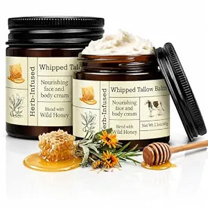 2PCS Beef Tallow for Skin, Grass-Fed Beef Tallow Balm with Raw Honey, Whipped Tallow Face & Body Cream, Natural Moisturizing Tallow Balm, Hydrating Organic Skin Care for Dry, Sensitive & Mature Skin